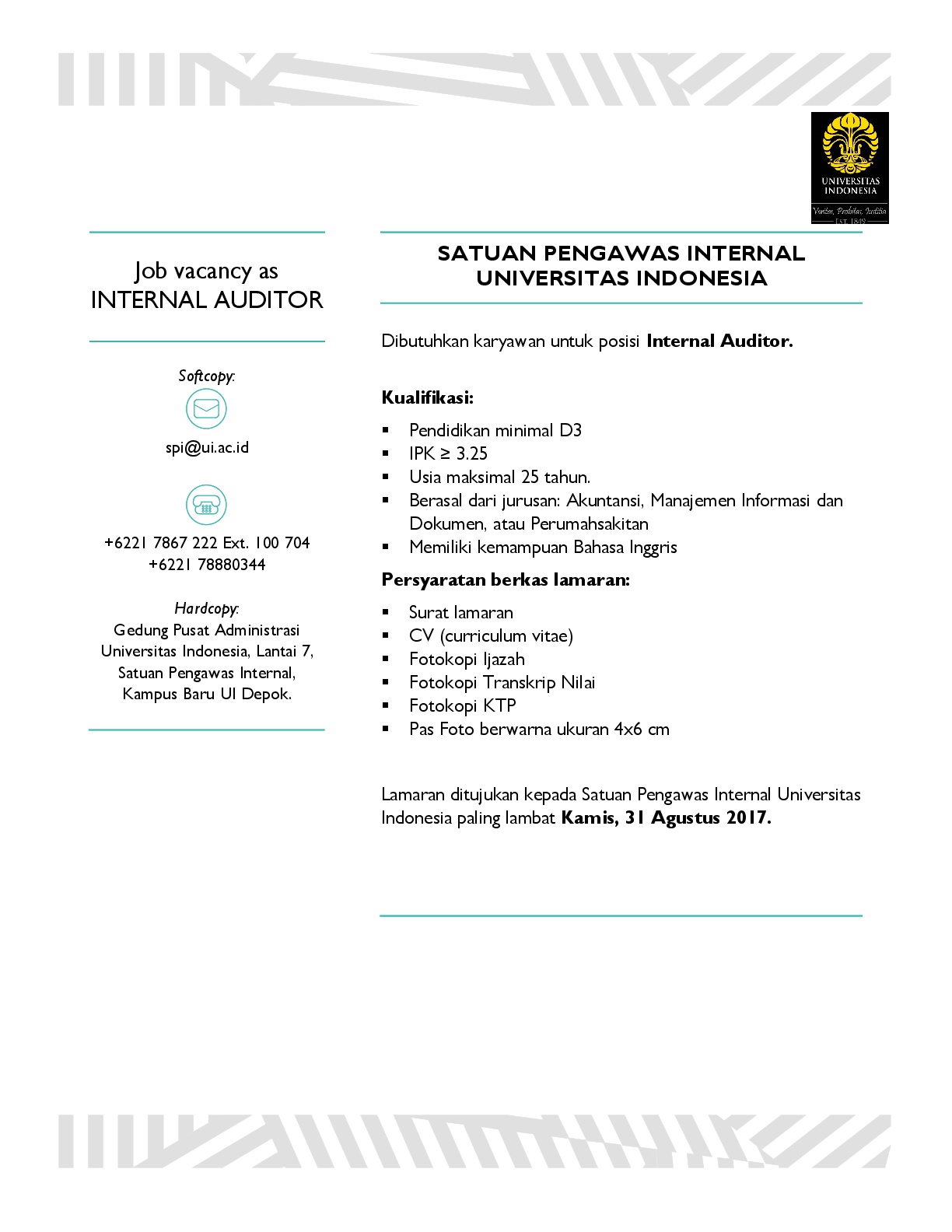 Lowongan Kerja Satuan “Internal Auditor” Pengawas Internal Universitas Indonesia