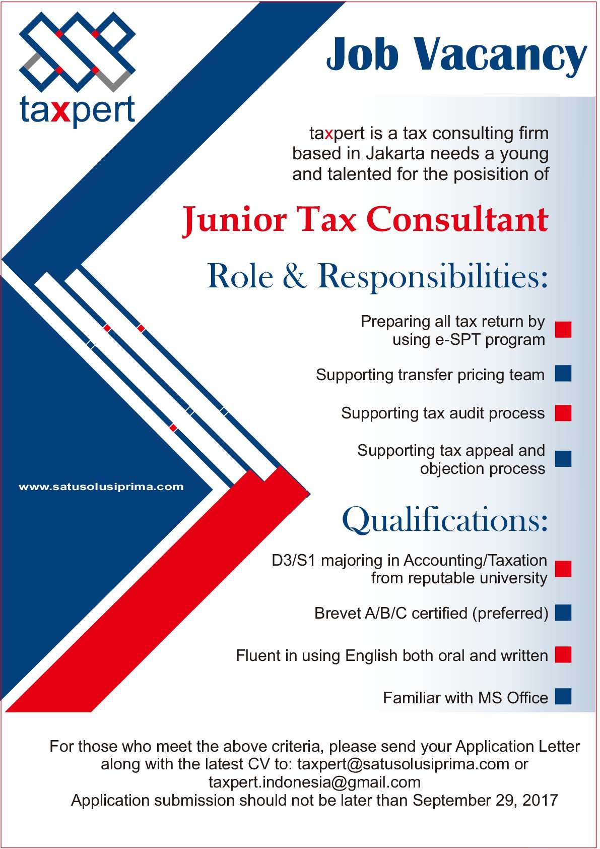 Lowongan Kerja Junior Tax Consultant Taxpert (PT. Satu Solusi Prima)