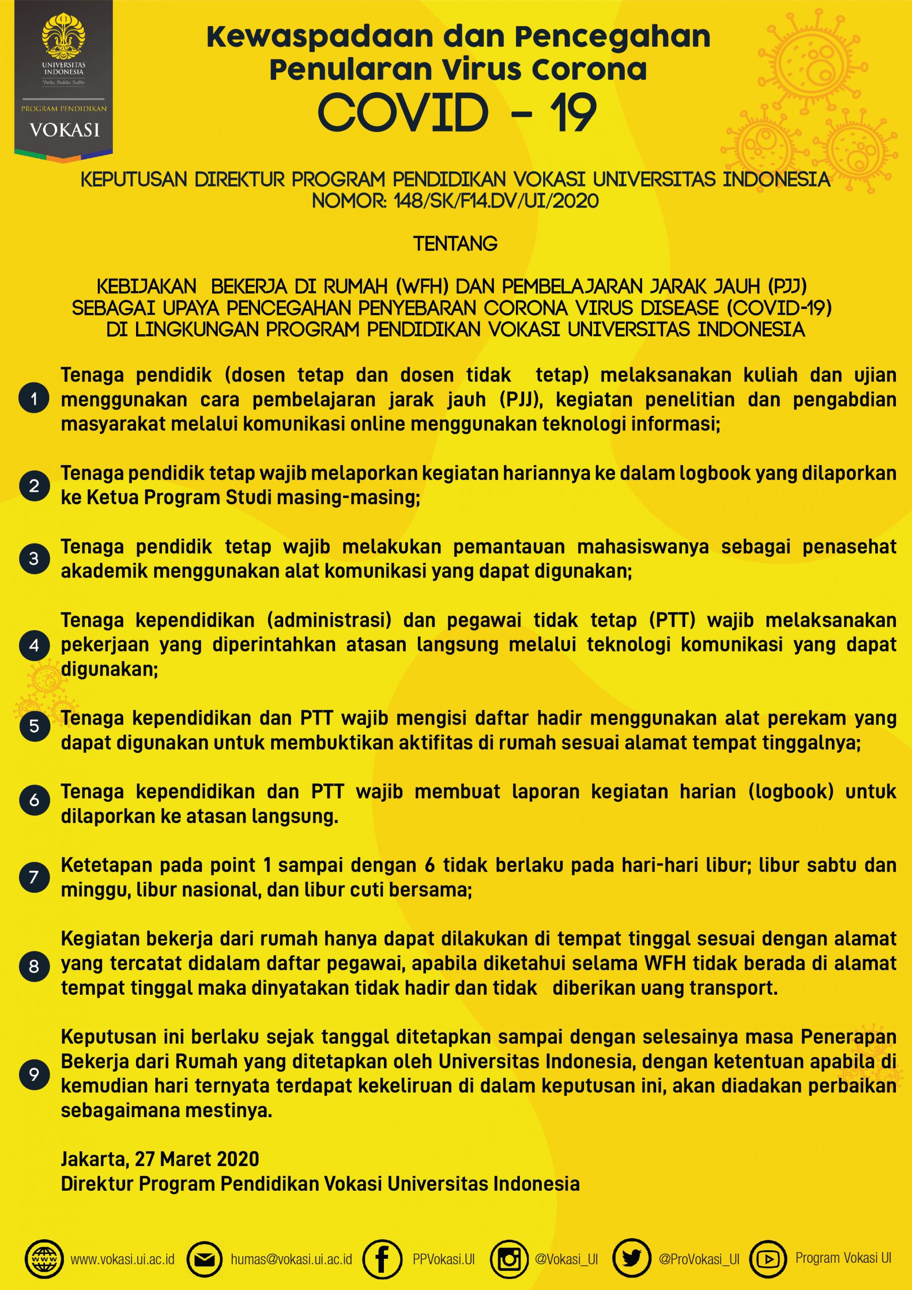 Surat Keputusan Direktur Tentang Kebijakan Wfh Dan Pjj Sebagai Upaya Pencegahan Penyebaran Covid 19 Program Pendidikan Vokasi Universitas Indonesia