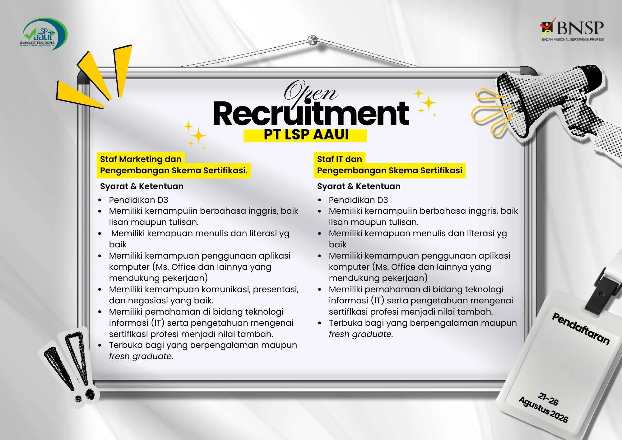 Lowongan PT Lembaga Sertiflkasi Profesi Aplikasi Asuransi Umum lndonesia (LSP AAUI)